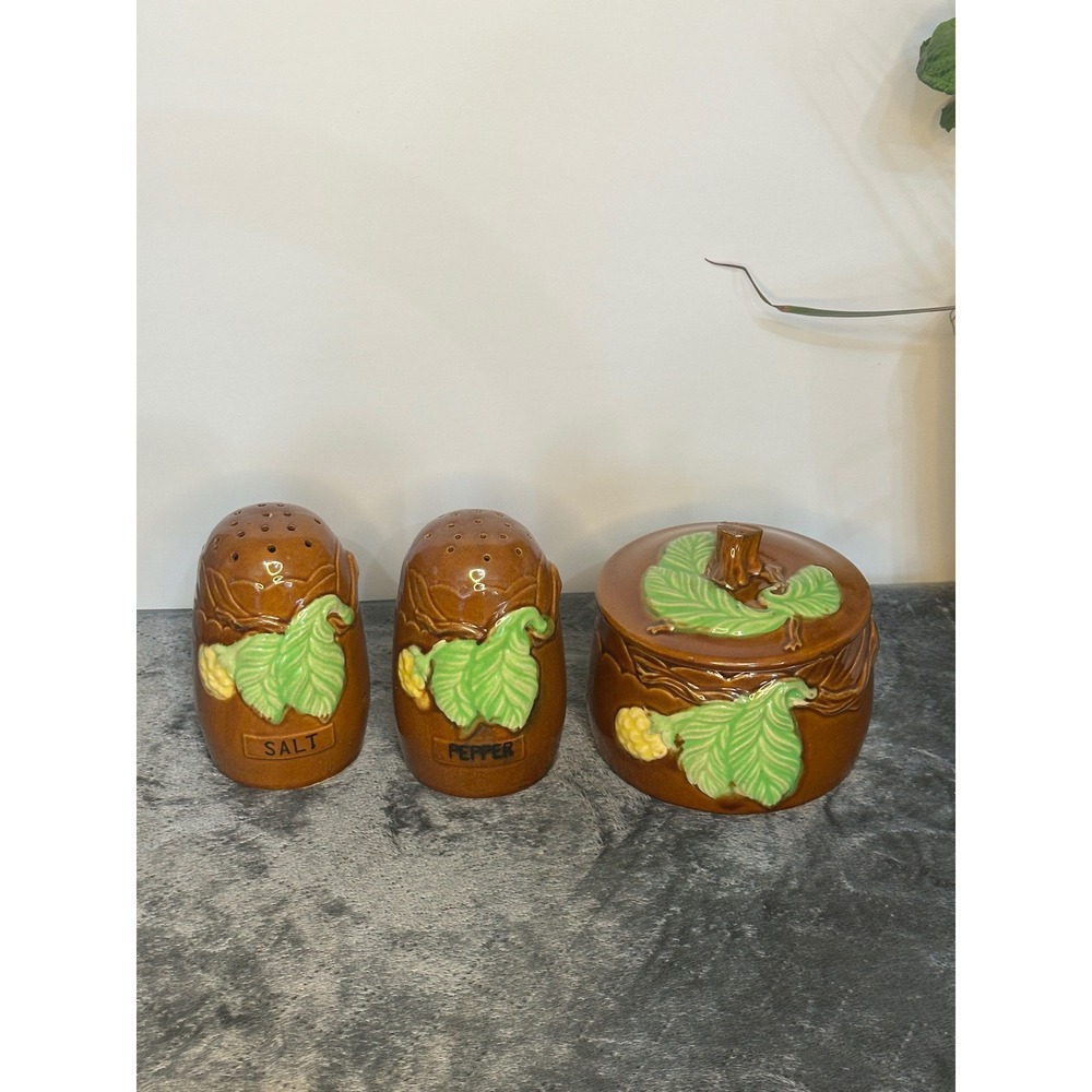 Vintage Ceramic Salt Pepper Shakers‎ and Covered bowl  Brown, yellow flower